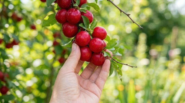 Gathering small ripe cherry plums from a tree, showcasing the vibrant red color and the abundance of home garden fruit production in summer.