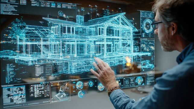 Architect reviewing building plans on a touchscreen with holographic blueprints, structural analysis, and construction progress graphics. 