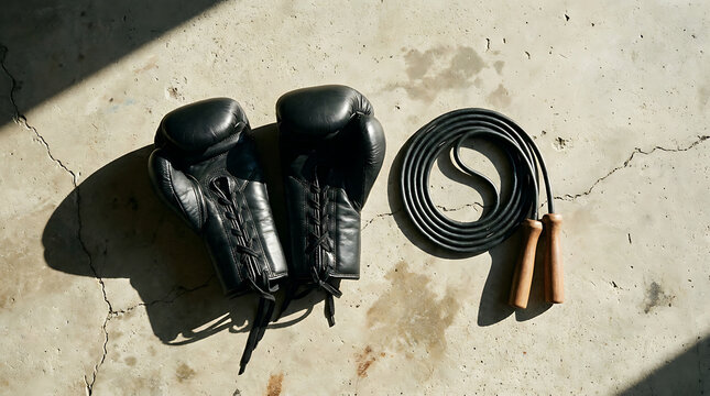 Black boxing gloves and jump rope on cracked concrete floor for fitness and workout