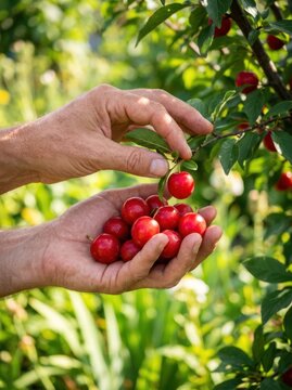 Gathering small ripe cherry plums from a tree, showcasing the vibrant red color and the abundance of home garden fruit production in summer.