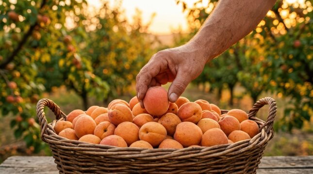 Placing a freshly picked ripe apricot into a full harvest basket, symbolizing the successful completion of a summer fruit gathering day.