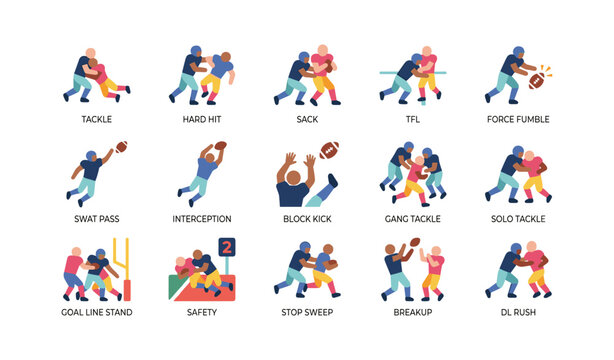 American football players executing defensive plays on white field