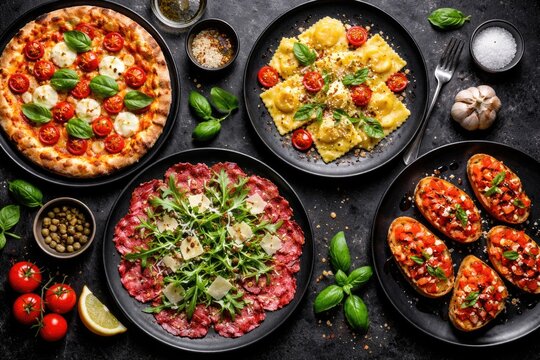 Top down view of assorted Italian plates with pizza ravioli carpaccio and tomato bruschetta on black
