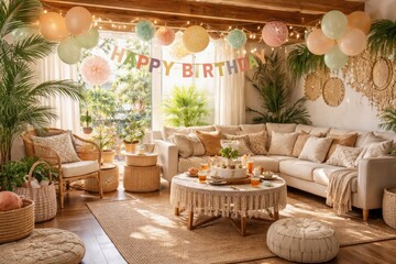 Obraz premium Living room interior with boho wood style and summer birthday decorations in pastel colors
