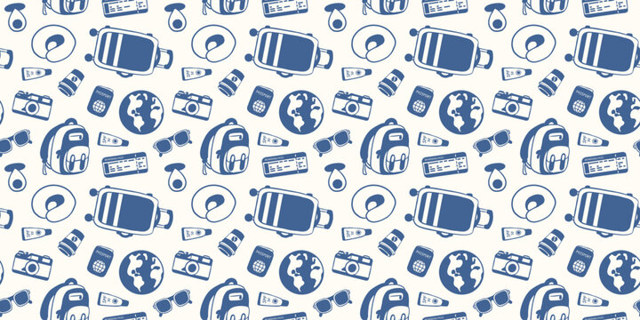 Seamless pattern with travel bag, backpack, globe, camera, sunglasses, passport and neck pillow. Vacation illustration for gift wrap, textile in flat style.