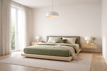 Fototapeta premium Minimalist bedroom design with a green mattress and smooth white painted walls