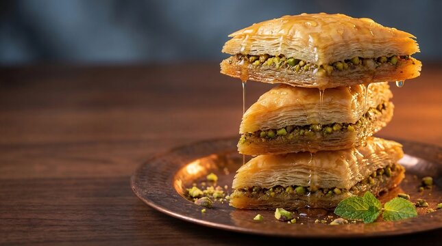 Diamond Cut Baklava Pieces on Aged Copper Plate
