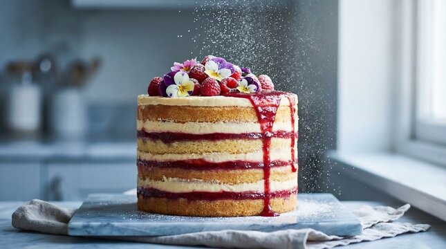 Tall Six Layer Vanilla Cake with Fresh Berries
