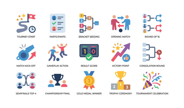 Tournament icons showing match stages and awards on white background