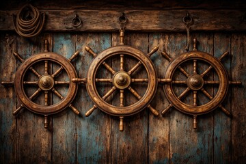 Obraz premium Trio of old wooden ship wheels hanging on textured blue and brown rustic timber wall