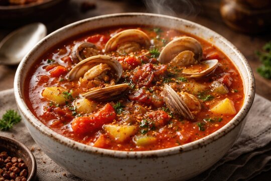 Close up of a hot bowl of tomato clam chowder filled with shellfish and bacon bits served on the table with copy space