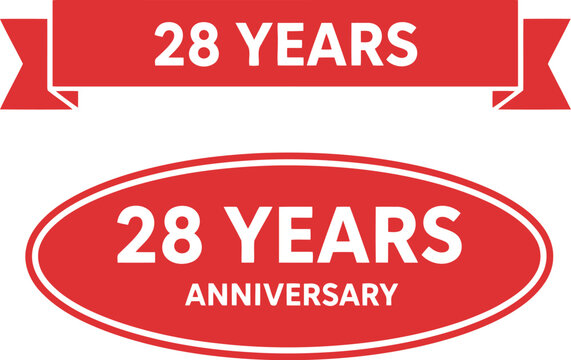 28 Years Anniversary Celebration Badge in Red Ribbon and Oval Design for Milestone Events