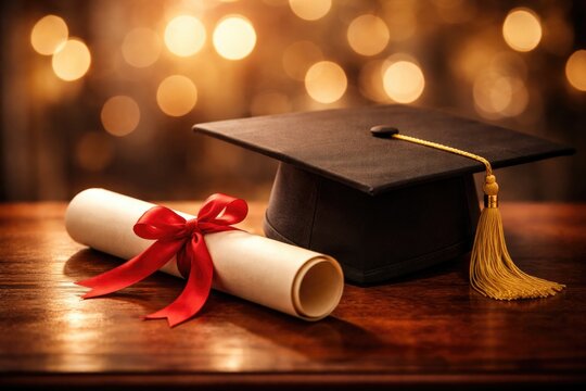 Graduation cap and ribboned diploma set on wooden surface highlighted by soft bokeh light backdrop