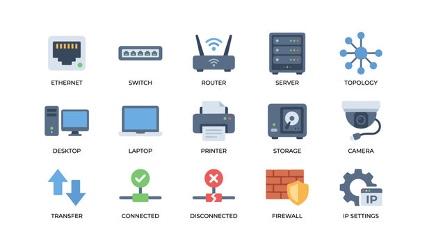 Network icons showing connections and devices on white background