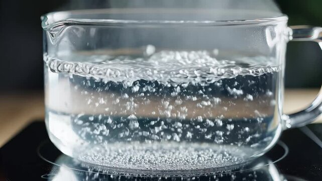 Clear water boiling vigorously in a glass pot on a black induction stove.