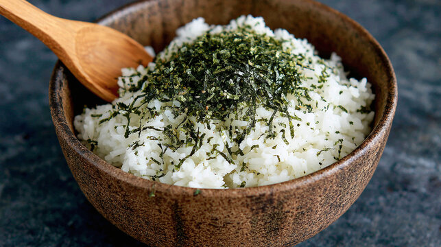 japanese rice bowl with vegan furikake seasoning and seaweed garnish offering a healthy plant based and nutritious dining experience