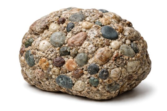 Rounded gravel and pebbles in sedimentary conglomerate rock with carbonate cement isolated on white