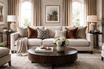 Fototapeta premium Refined sitting room arrangement highlighting couch and cushion styling