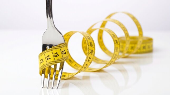 Healthy eating concept featuring a fork with a coiled measuring tape, symbolizing diet, portion control, nutrition, and weight loss goals.
