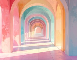 Fototapeta premium Pastel arches form a corridor fading into bright light; calming, watercolor-effect colors & shadows