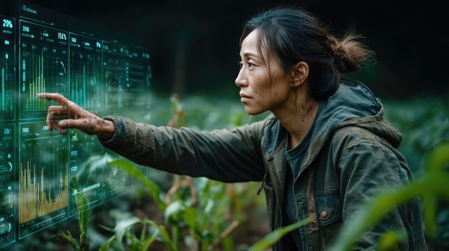 Asian female farmer touching a virtual screen, analyzing soil quality data and ph level charts overlay, agritech innovation concept 