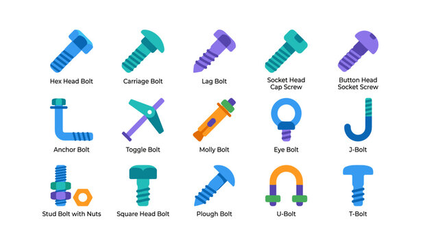 Various bolt and screw types icons on white background