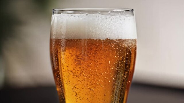 Close up of a refreshing glass of golden beer with frothy head.