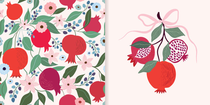 Pomegranate seamless pattern with fresh fruits, leaves and flowers, elegant wallpaper, summer background