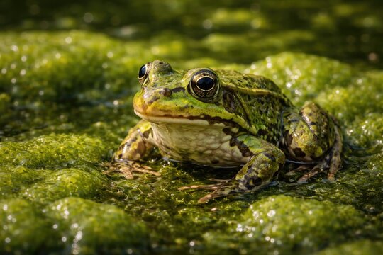 Macro image of a lively green frog resting on dense algae in freshwater pond