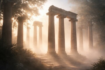 Fototapeta premium Sunlit Greek-style columns piercing through light morning fog