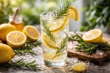 Fototapeta premium Invigorating lemon drink featuring a rosemary herb accent