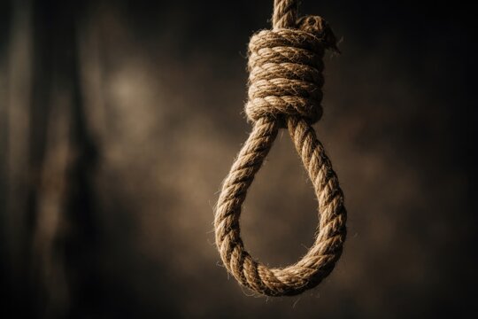 Close up of a hangmans knot noose made from rough rope with a moody background