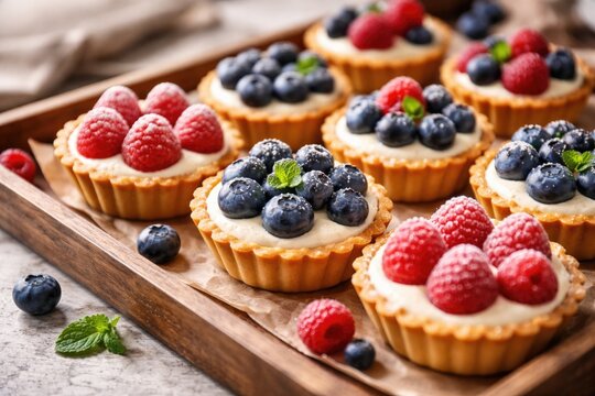 Wooden tray displaying fresh raspberry blueberry and fruit tartlets with cheese cream French bakery dessert catering with copy space