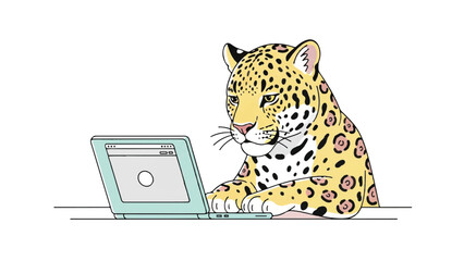 Leopard sitting with laptop computer 1. © aice
