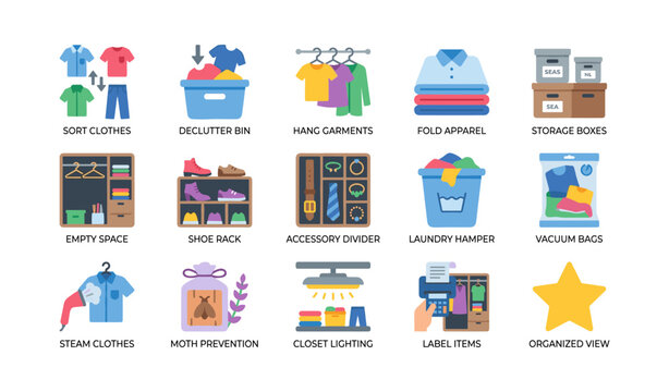 Clothing organization and storage icons displayed on white background