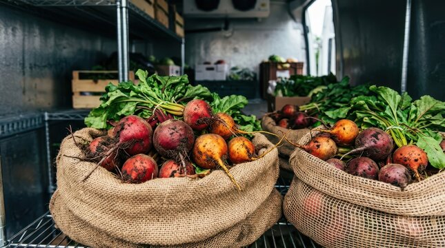 Sacks of freshly harvested red and gold beets with greens packed into a delivery vehicle for distribution to markets.