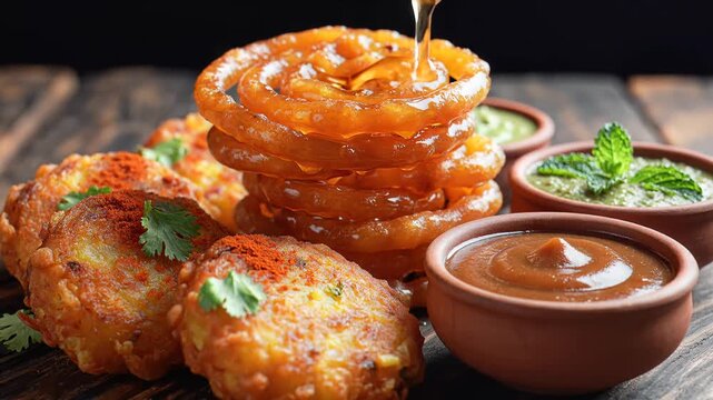 Delicious Indian Snacks Platter with Dips and Condiments.