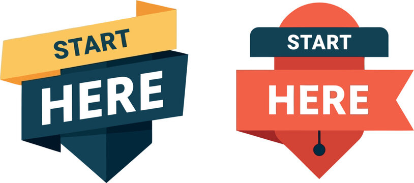 Modern Start Here Banner Labels &ndash; Flat Design Directional Badges for Web, App, and Marketing Use