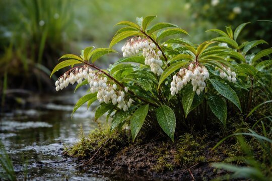 Swamp Leucothoe flowering plant in moist soil environment