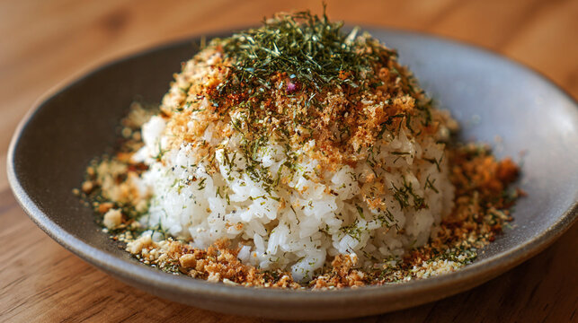 freshly cooked rice topped with organic vegan furikake and shredded seaweed creating a flavorful asian food and vegetarian meal concept