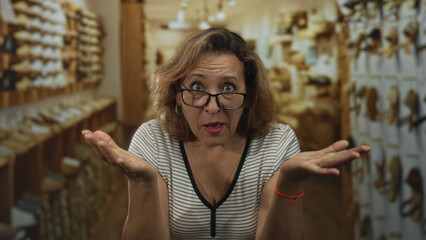 Middle aged woman holds cheeks wearing eyeglasses in eyewear store building surrounded by shelves of frames and stands under overhead lighting  astonishment. © Krakenimages.com