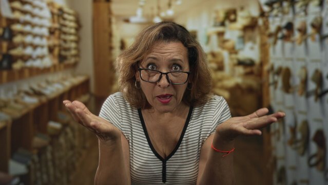 Middle aged woman holds cheeks wearing eyeglasses in eyewear store building surrounded by shelves of frames and stands under overhead lighting; astonishment.