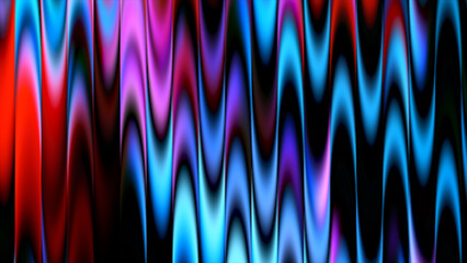 A vibrant display of neon light waves featuring flowing vertical gradients in striking shades of blue, purple and red. © Sameer