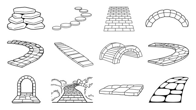 Various stone and brick pathway and garden architectural elements in line art with stepping, illustration