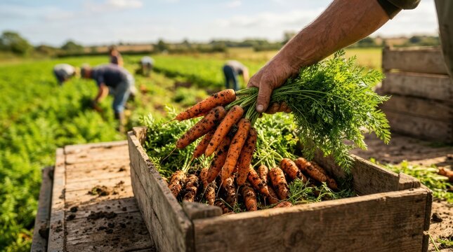 Freshly pulled carrots with greens and soil are being loaded into a container on a farm trailer at harvest time.