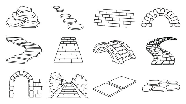 Collection of stone and brick pathway and garden design elements in outline style with stepping, illustration