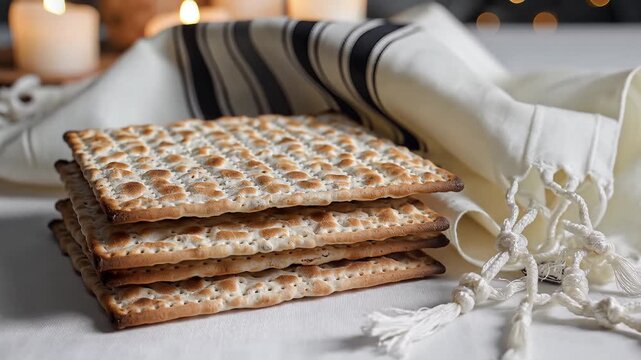 Traditional Matzah Stacked with Tassels and Candles for Passover Celebration.