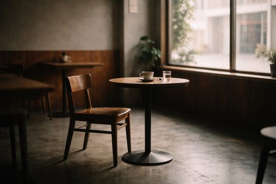 Empty coffee shop scene featuring a single chair and table