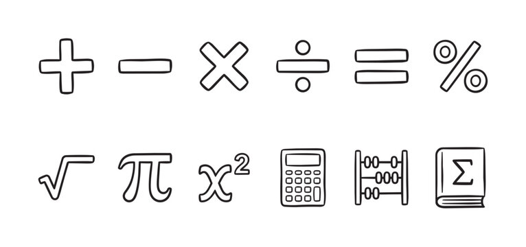 Hand-drawn icons depicting various mathematical symbols, a calculator, an abacus, and a book against a white background.