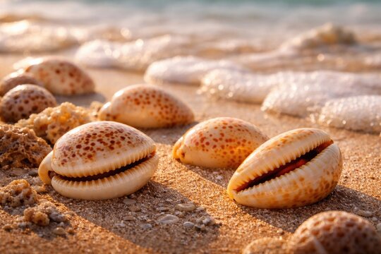 Marine gastropod shells cowries of Cypraeidae with text copyspace